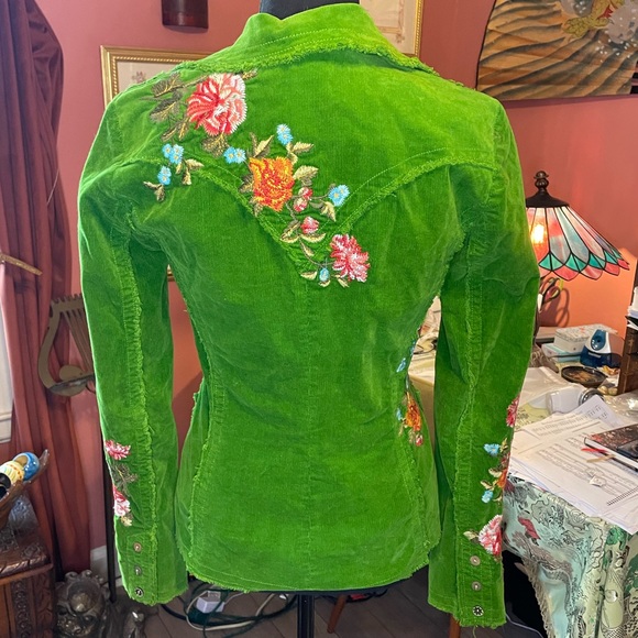 Vintage Y2K Johnny Was green corduroy blazer w/ multi color floral embroidery XS - Picture 3 of 10